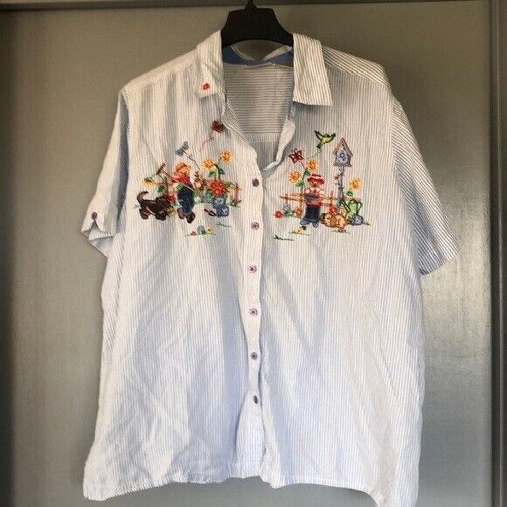 Bobbie Brooks Womens Stripe Button Front Shirt Blue Bears Garden 22W/24W